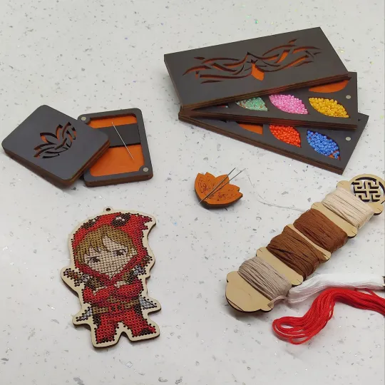 Boîte en bois pour perles "Motif orange" (1 niveau) KF027/12-1