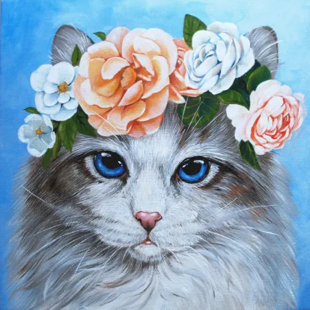 (Eingestellt C) Blaue Katze in Blumen 38x38 WD2464