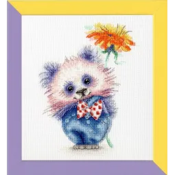 (Discontinued) Cross stitch kit "Panda with flower" 16.8 × 12.2 cm S/VK063