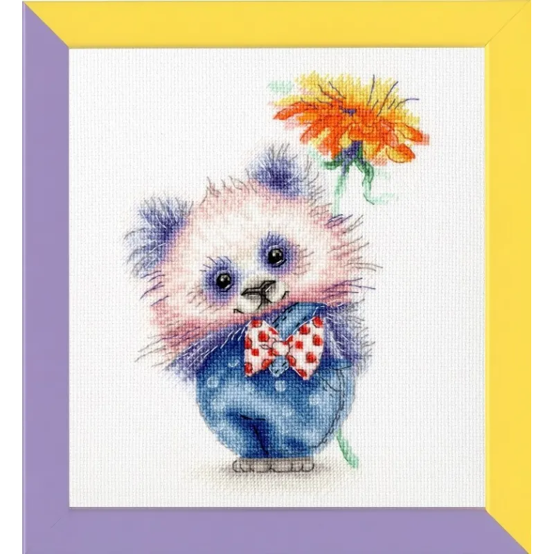 (Discontinued) Cross stitch kit "Panda with flower" 16.8 × 12.2 cm S/VK063