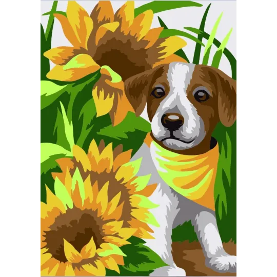 Wizardi painting by number kit. Puppy in the sunflowers 13x16 cm MINI119