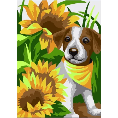 Wizardi painting by number kit. Puppy in the sunflowers 13x16 cm MINI119