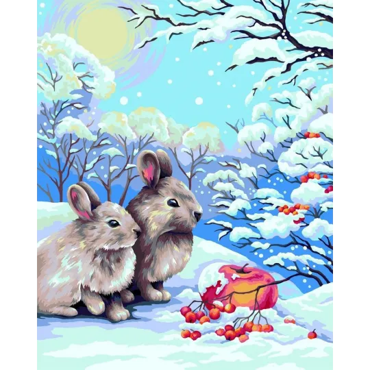 SALE (Auslaufartikel) Wizardi Malen nach Zahlen Set Hasen im Winterwald 40x50 cm L018