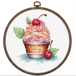 Cross stitch Kit with Hoop Included "Cherry Ice Cream" 8x9cm SBC104