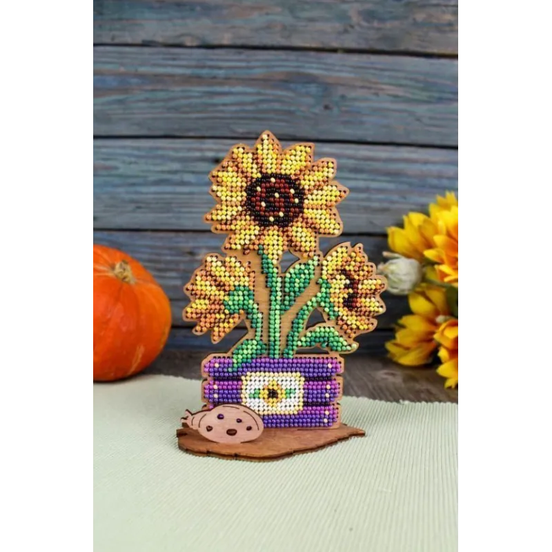 Beaded embroidery on wooden base "Sunflowers in a box" SO-099