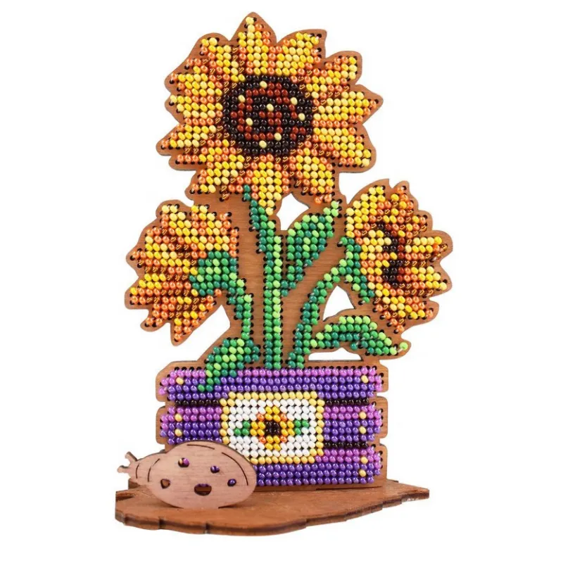 Beaded embroidery on wooden base "Sunflowers in a box" SO-099