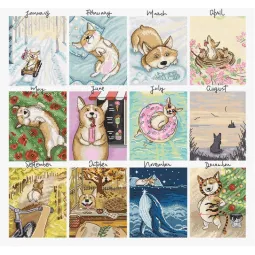 Skaičiuojamas kryželiu siuvinėjimo rinkinys "Doggy Calendar" 43x41cm SLETIL8086