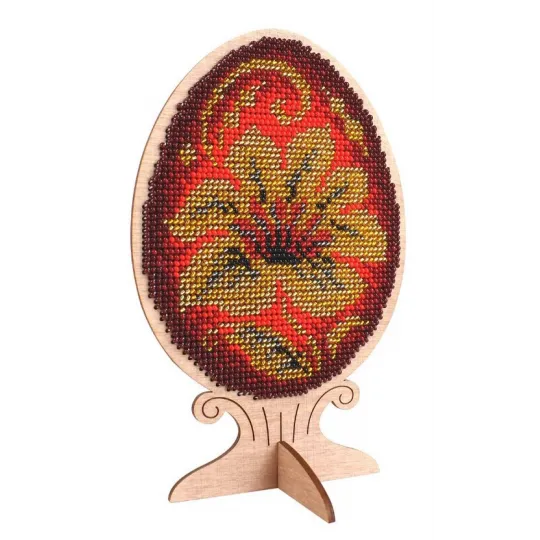 Cross-stich on wooden base "Beaded egg. Khokhloma painting SO-110