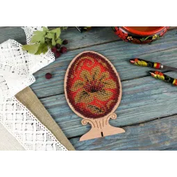 Cross-stich on wooden base "Beaded egg. Khokhloma painting SO-110