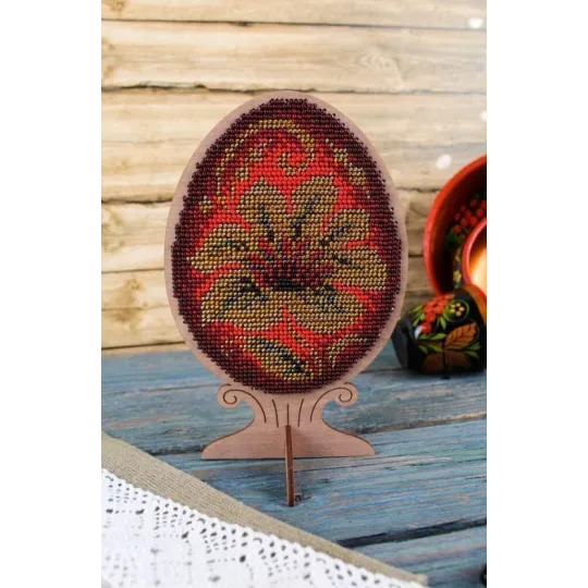 Cross-stich on wooden base "Beaded egg. Khokhloma painting SO-110