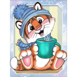 Diamond Painting kit "Tiger cub and coffee" 15*20 cm AM4145