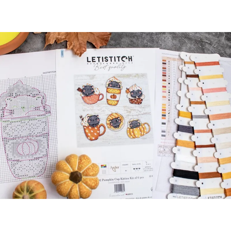 Kreuzstich-Set "Kürbis Tassen Kätzchen Set mit 6 Stück" 9x7cm SLETIL8092
