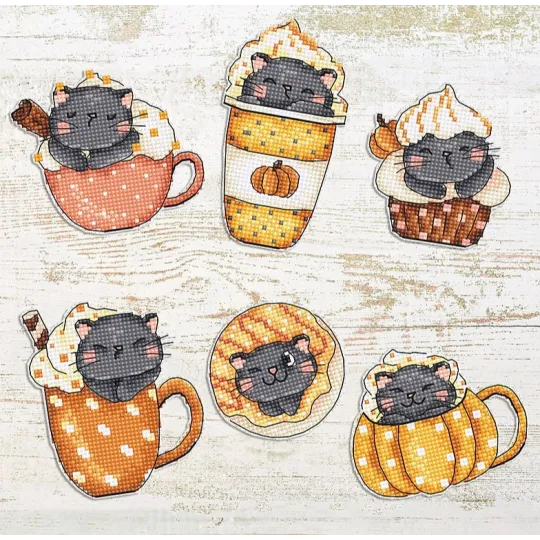 Kit au point de croix "Coupe Citrouille Kitties Kit de 6 pcs" 9x7cm SLETIL8092