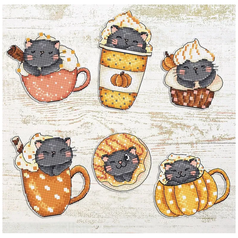 Kit au point de croix "Coupe Citrouille Kitties Kit de 6 pcs" 9x7cm SLETIL8092