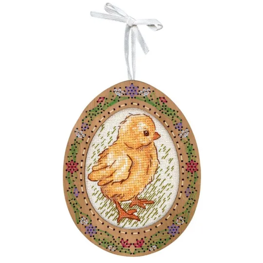 Cross-stich on wooden base "Miniature. Chicken on a walk" SO-114