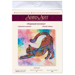 Stickset mit mittelgroßen Perlen, verspieltes Kätzchen (Tiere) 20x20 cm AAMB-060