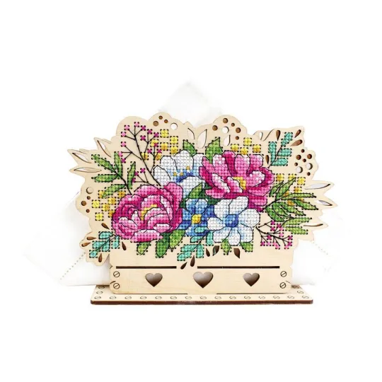 Cross-stich on wooden base "Napkin holder “Flower arrangement” SO-090