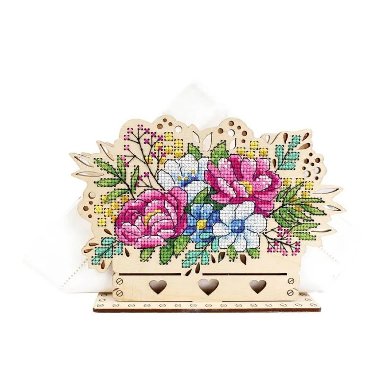 Cross-stich on wooden base "Napkin holder “Flower arrangement” SO-090