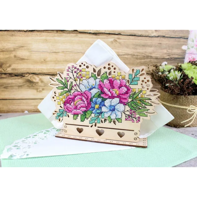 Cross-stich on wooden base "Napkin holder “Flower arrangement” SO-090