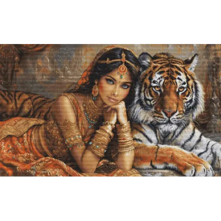 Kreuzstich -Kit Die indische Prinzessin und der königliche Tiger 63,5x38 cm SBU5060