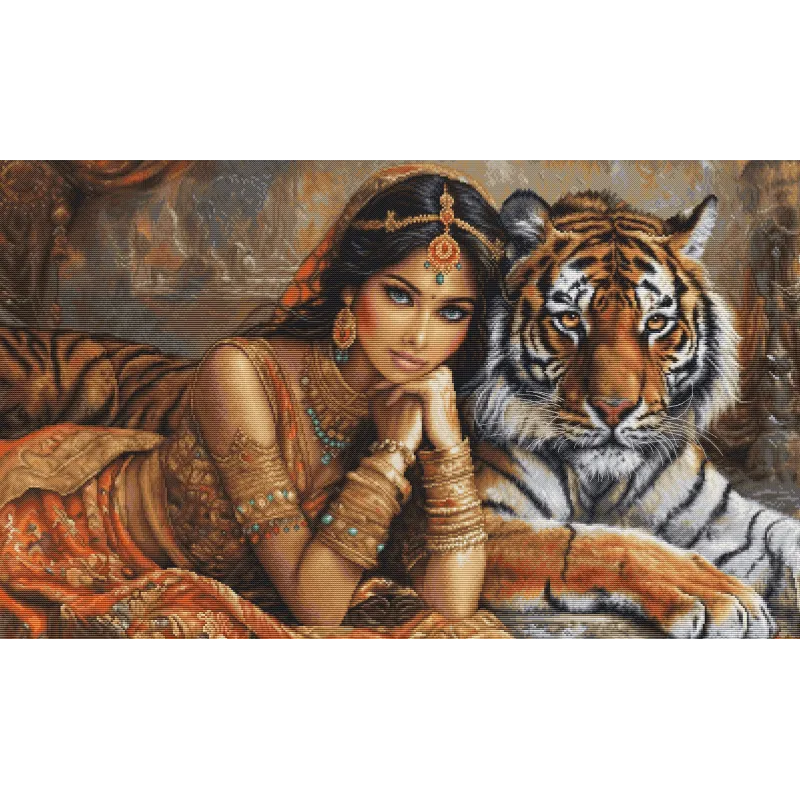 Kreuzstich -Kit Die indische Prinzessin und der königliche Tiger 63,5x38 cm SBU5060