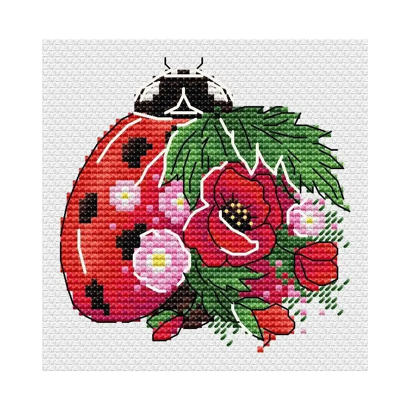 Kit de point de croix sur toile soluble à l’eau "Coccinelle fleurie" 9x9 cm SV-1033