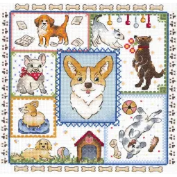 Kryželiu siuvinėjimo rinkinys "Sampler. Šuniuko džiaugsmas" 20x20 cm SNV-895