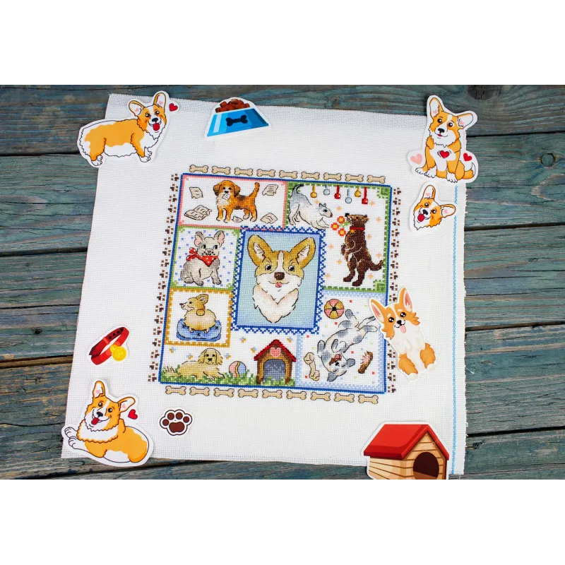 Kryželiu siuvinėjimo rinkinys "Sampler. Šuniuko džiaugsmas" 20x20 cm SNV-895