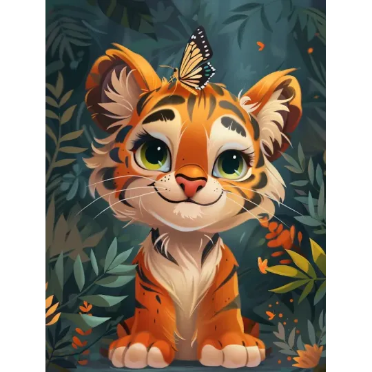 (Arrêté) Broderie Diamant avec châssis Petit tigre et papillon 30x40 cm VA829