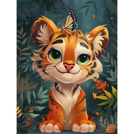 (Arrêté) Broderie Diamant avec châssis Petit tigre et papillon 30x40 cm VA829