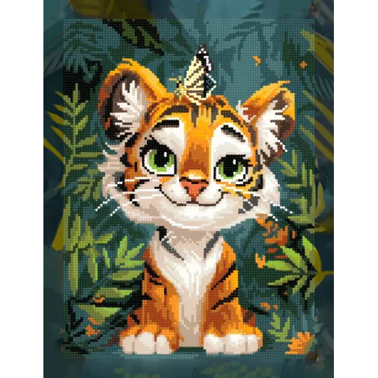 (Abgekündigt) Diamantmalerei mit Keilrahmen Tigerjunges und Schmetterling 30x40 cm VA829