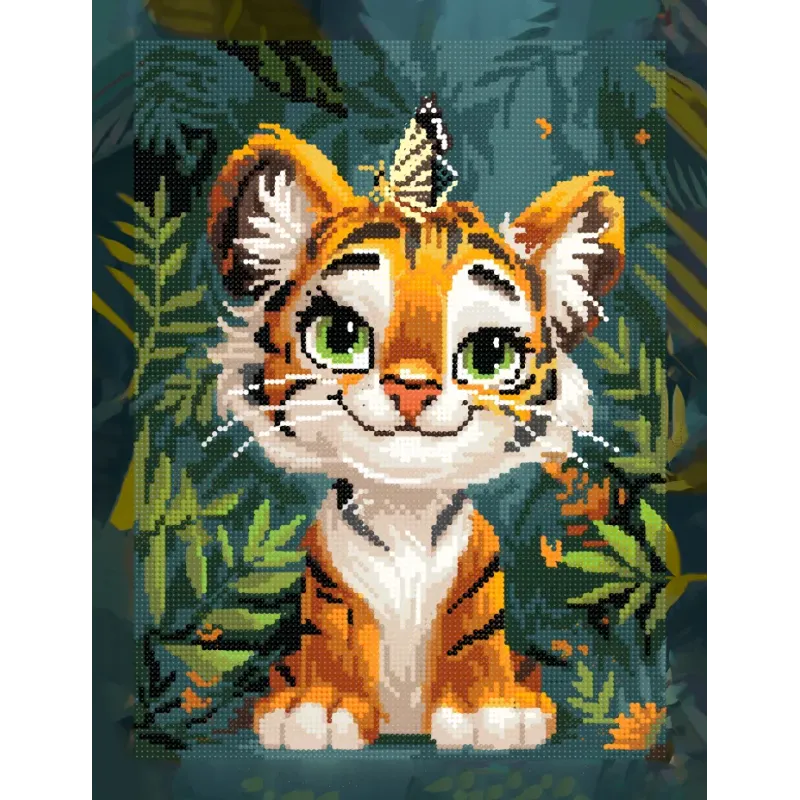 (Arrêté) Broderie Diamant avec châssis Petit tigre et papillon 30x40 cm VA829