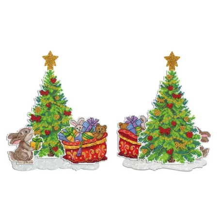 Kit de point de croix "Arbre de Noël avec des cadeaux. Lot de 3 scènes + support" SR-945