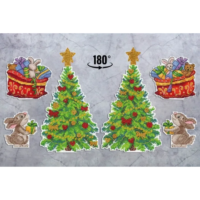 Kit de point de croix "Arbre de Noël avec des cadeaux. Lot de 3 scènes + support" SR-945