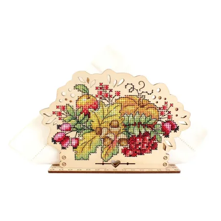 Point de croix sur base en bois "Porte-serviette Bouquet d'automne" SO-091