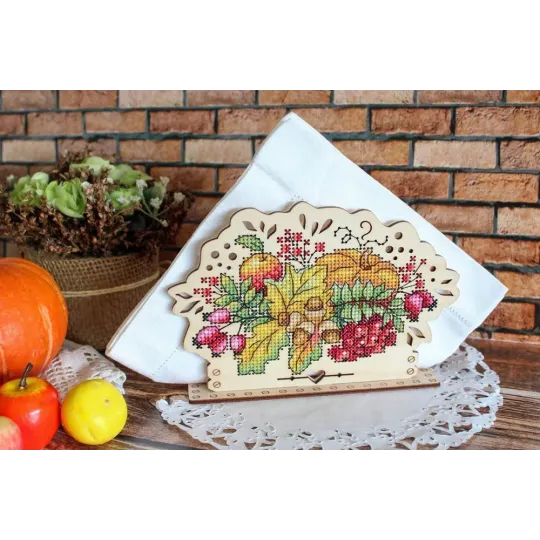 Point de croix sur base en bois "Porte-serviette Bouquet d'automne" SO-091