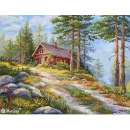 Kit de point de croix "Cabane rouge dans les bois" 30x39,5 SK254