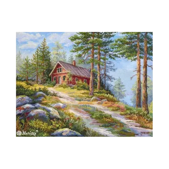 Kit point de croix "Cabane rouge dans les bois" 30x39,5 SK254