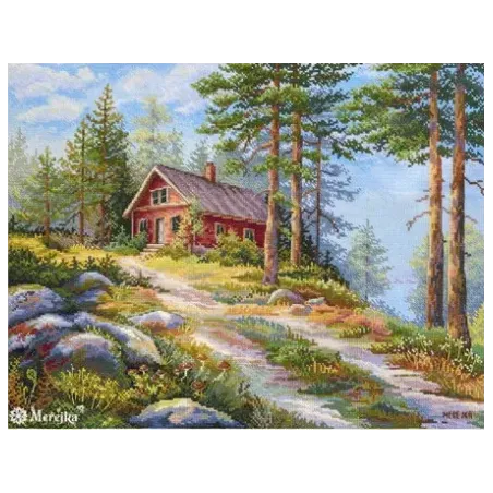 Kit point de croix "Cabane rouge dans les bois" 30x39,5 SK254