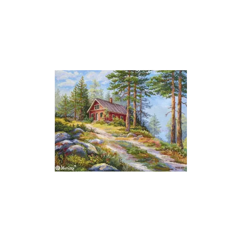 Kit point de croix "Cabane rouge dans les bois" 30x39,5 SK254