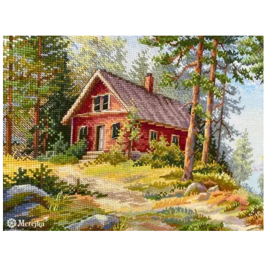Kit point de croix "Cabane rouge dans les bois" 30x39,5 SK254