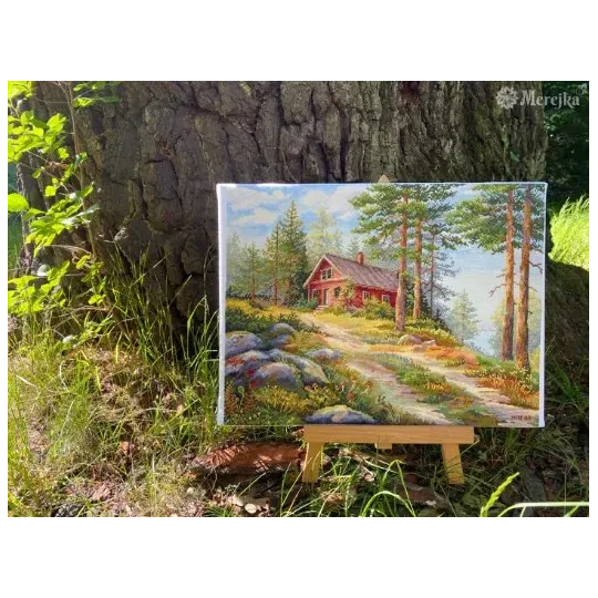 Kit point de croix "Cabane rouge dans les bois" 30x39,5 SK254