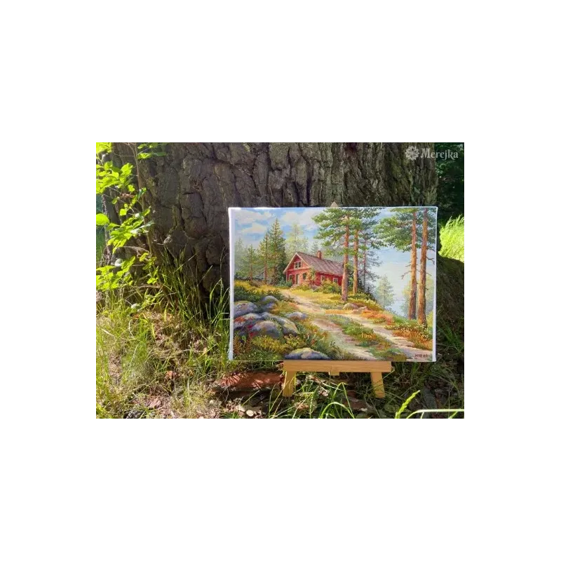 Kit point de croix "Cabane rouge dans les bois" 30x39,5 SK254