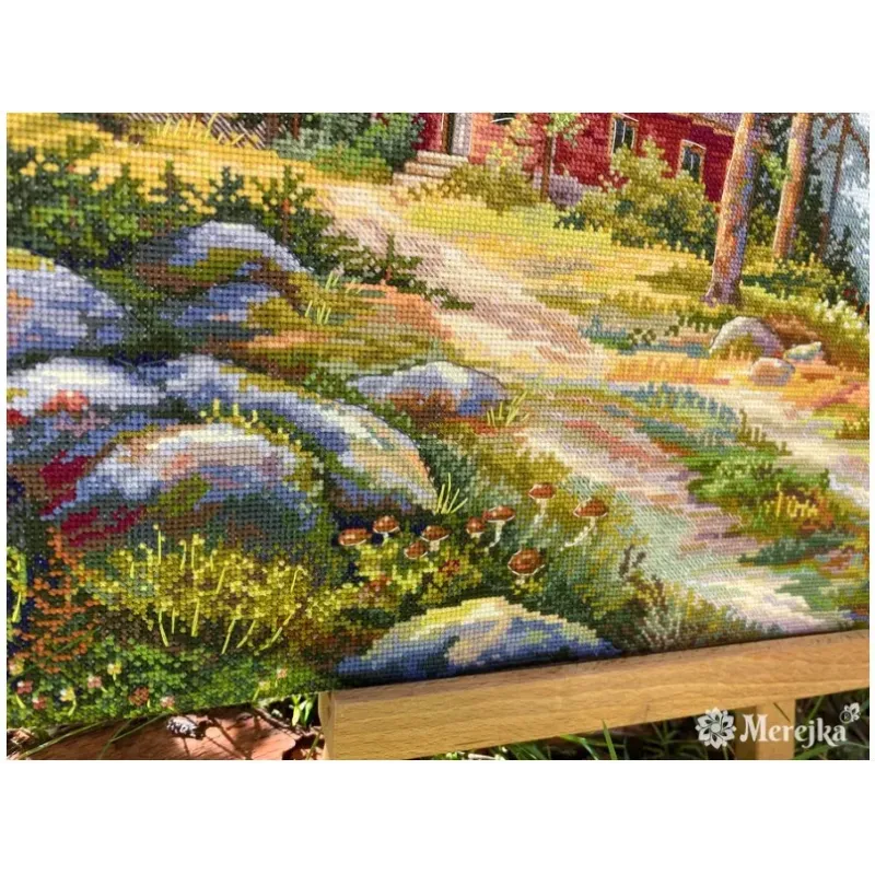 Kit point de croix "Cabane rouge dans les bois" 30x39,5 SK254