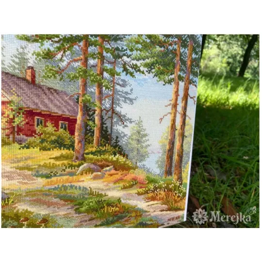 Kit point de croix "Cabane rouge dans les bois" 30x39,5 SK254