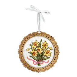Cross-stitch on wooden base "Miniature. Bouquet of daffodils" 8*8 cm SO-139
