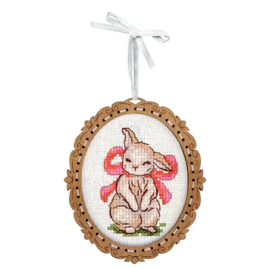 Cross-stitch on wooden base "Miniature. Bunny with a bow" 10*9 cm SO-128 (ES)