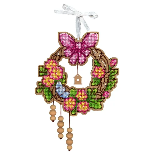 Point de croix sur base en bois « Couronne de Pâques 2 » 12*12 cm SO-122