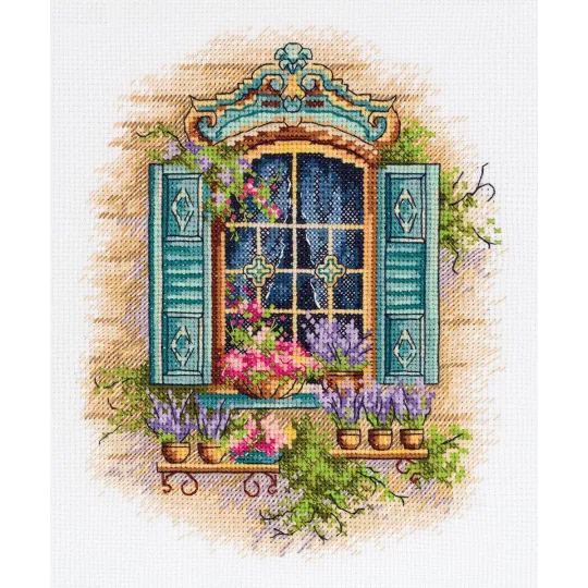 Kit de point de croix "Fenêtre et fleurs" 18 x 21 cm PDE-7433
