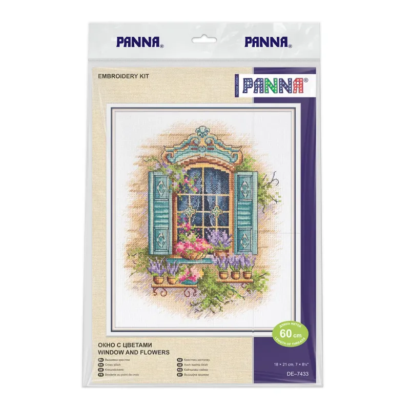 Kit de point de croix "Fenêtre et fleurs" 18 x 21 cm PDE-7433
